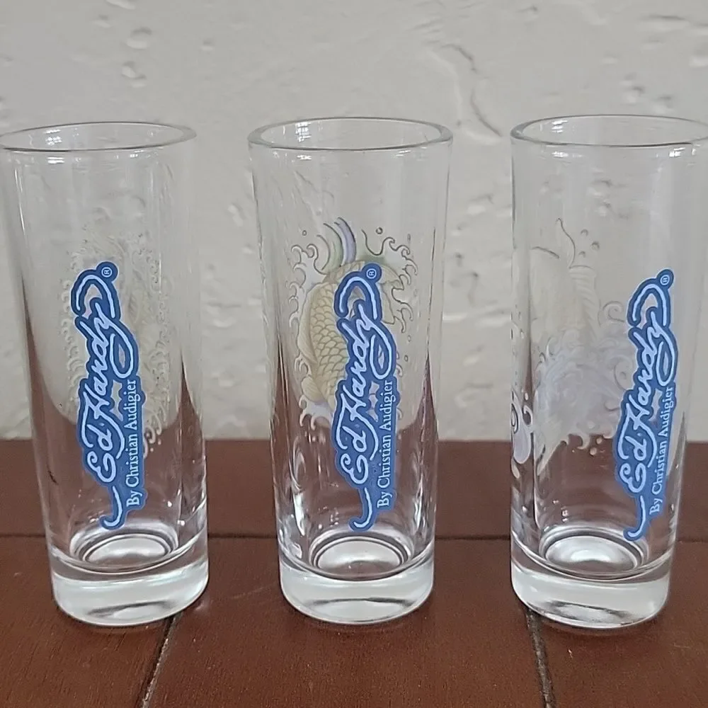 Ed Hardy MERMAIDS & KOI FISH Tall Shooter Glasses, Christian Audigier, Set of 3